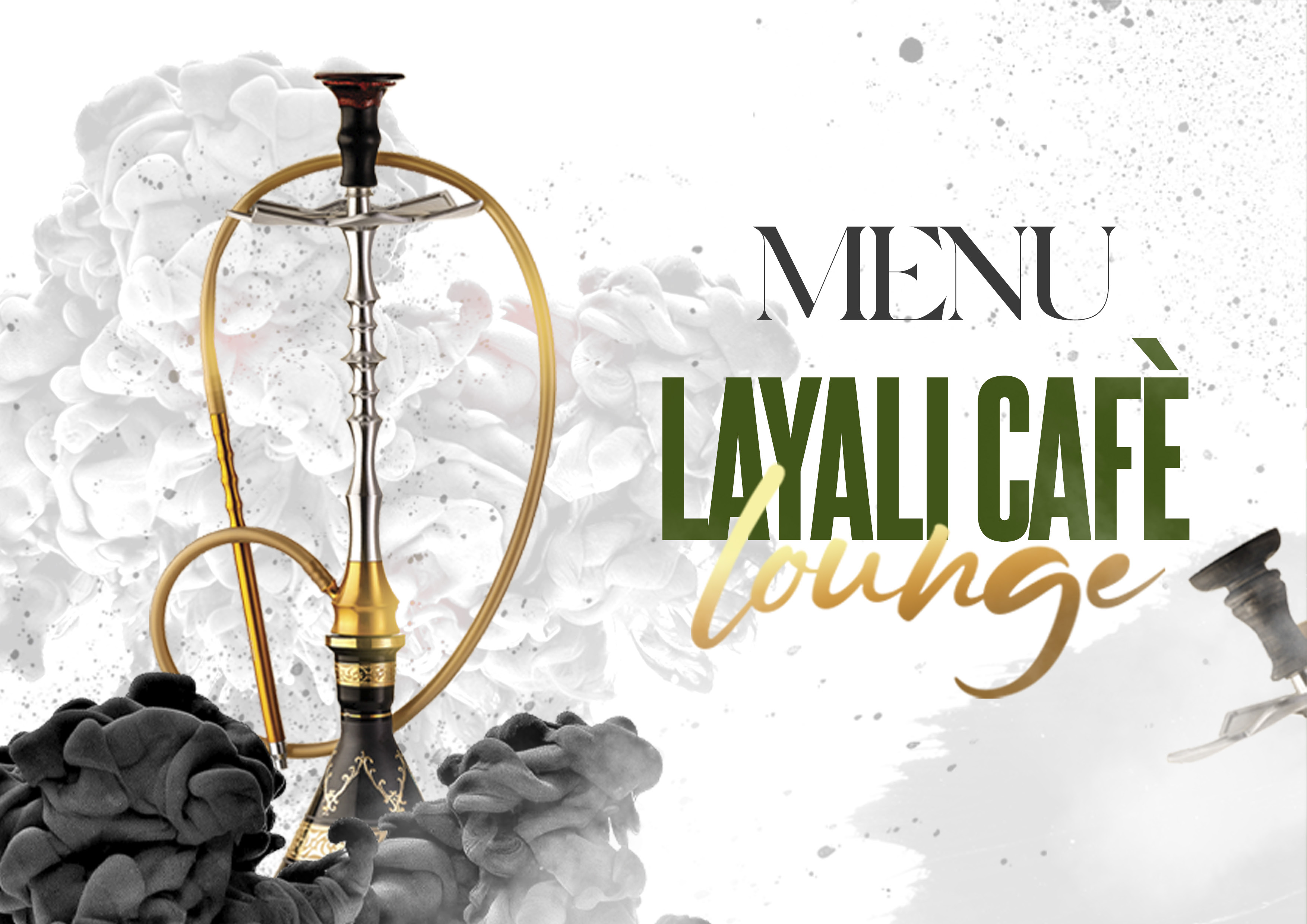 Copertina del menù originale Layali Cafè Lounge, con narghilè e logo