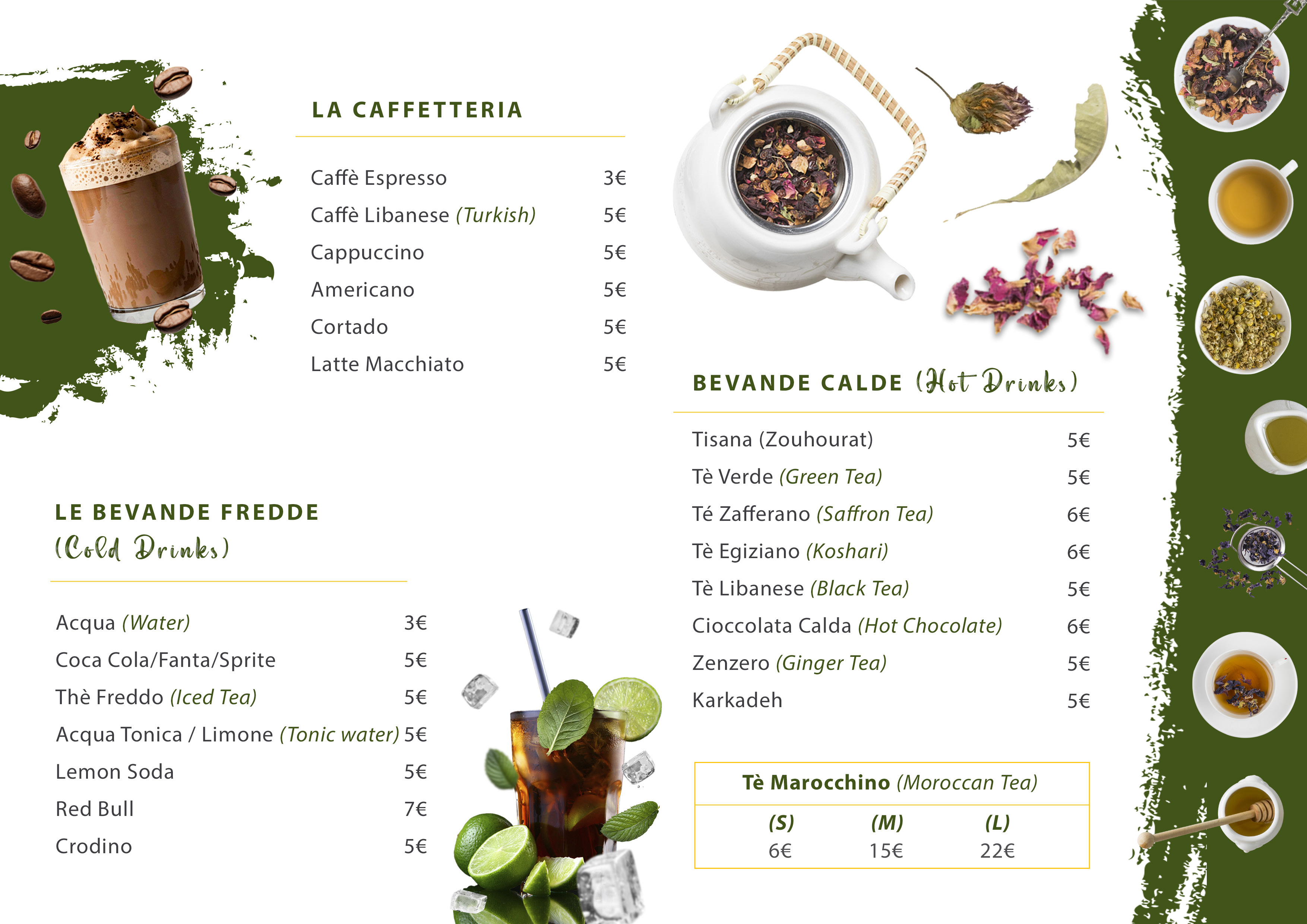 Pagina originale: caffetteria, bevande calde e fredde con nomi e prezzi