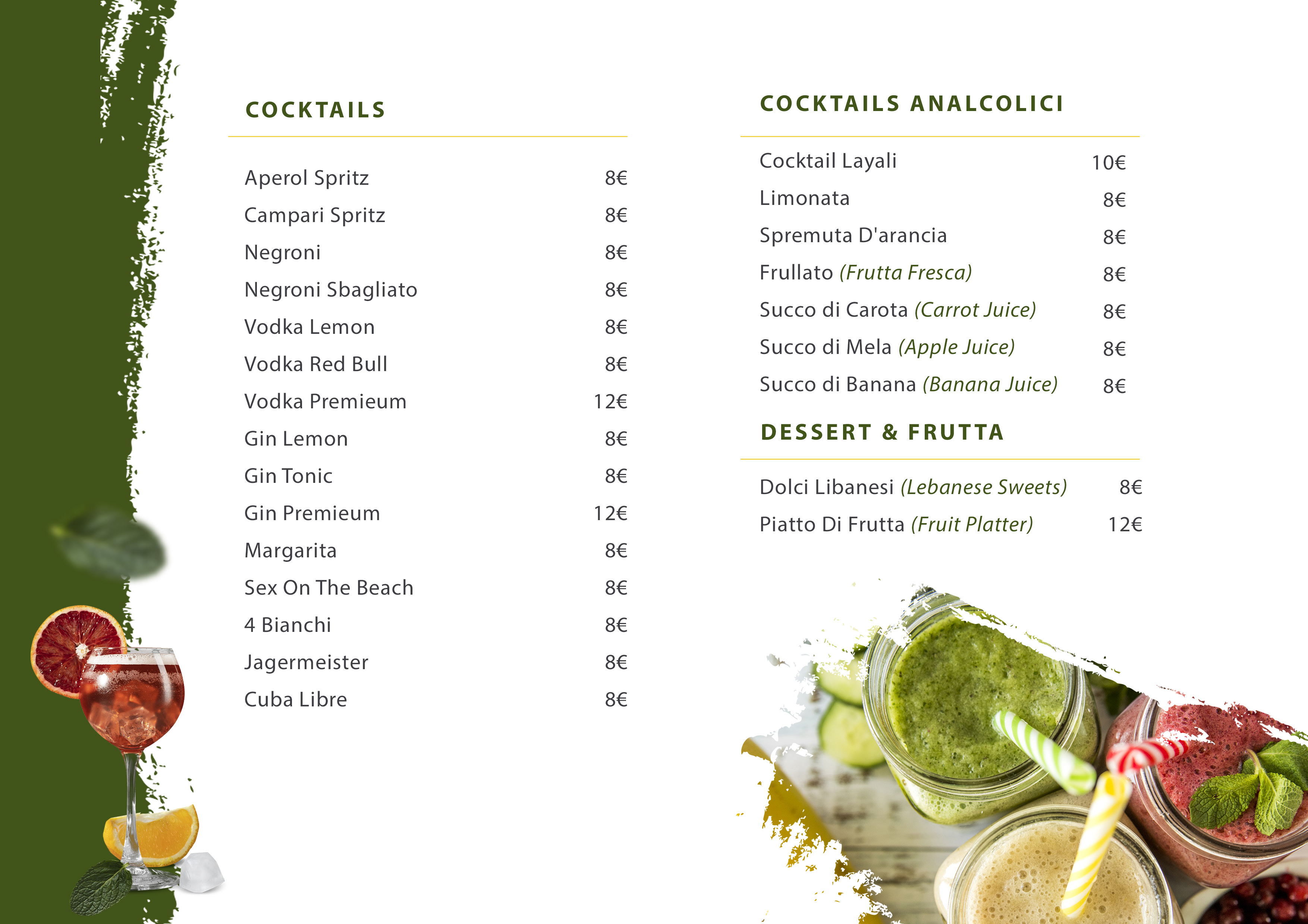Pagina originale: cocktail, bevande analcoliche e dessert con prezzi
